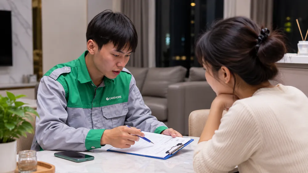 Kỹ thuật viên CareHome nghiệm thu checklist cùng khách hàng