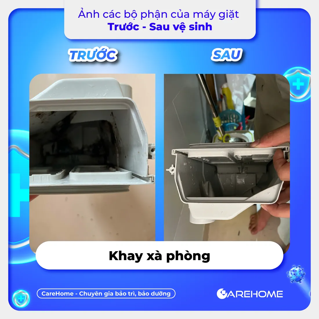 Trước – sau vệ sinh máy giặt: khay xà phòng