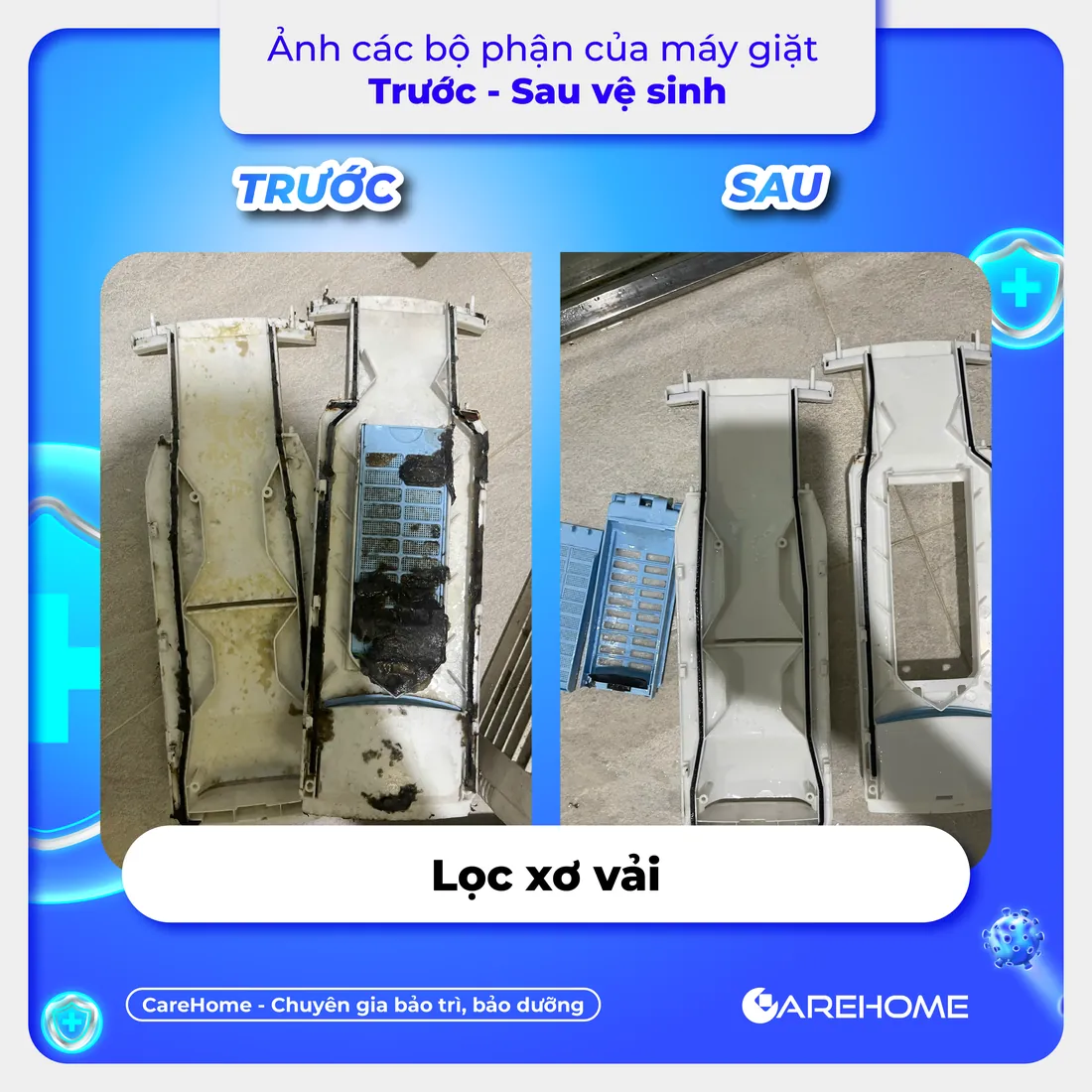 Trước – sau vệ sinh máy giặt: lọc xơ vải