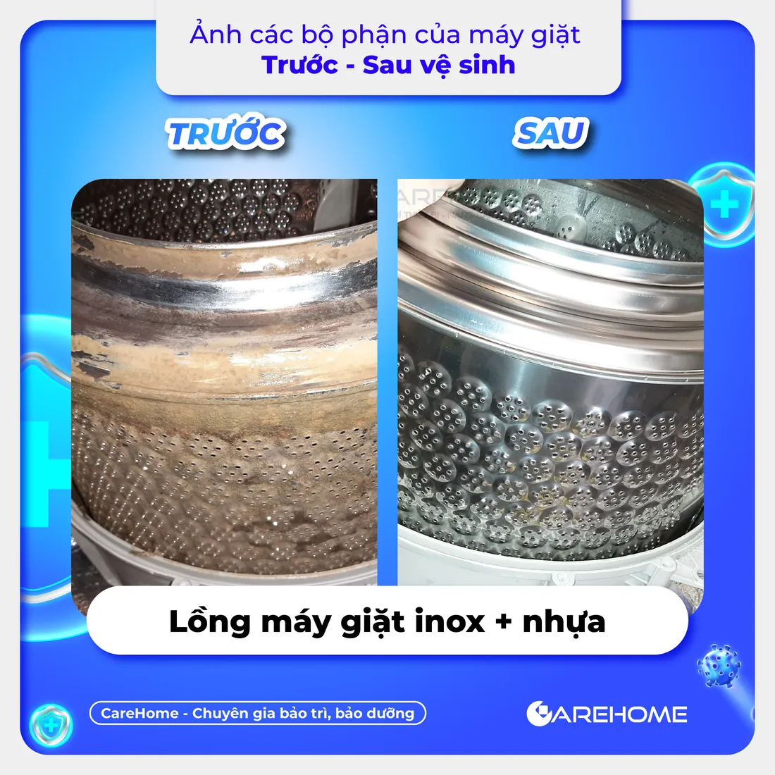 Trước – sau vệ sinh máy giặt: lồng máy giặt inox và nhựa
