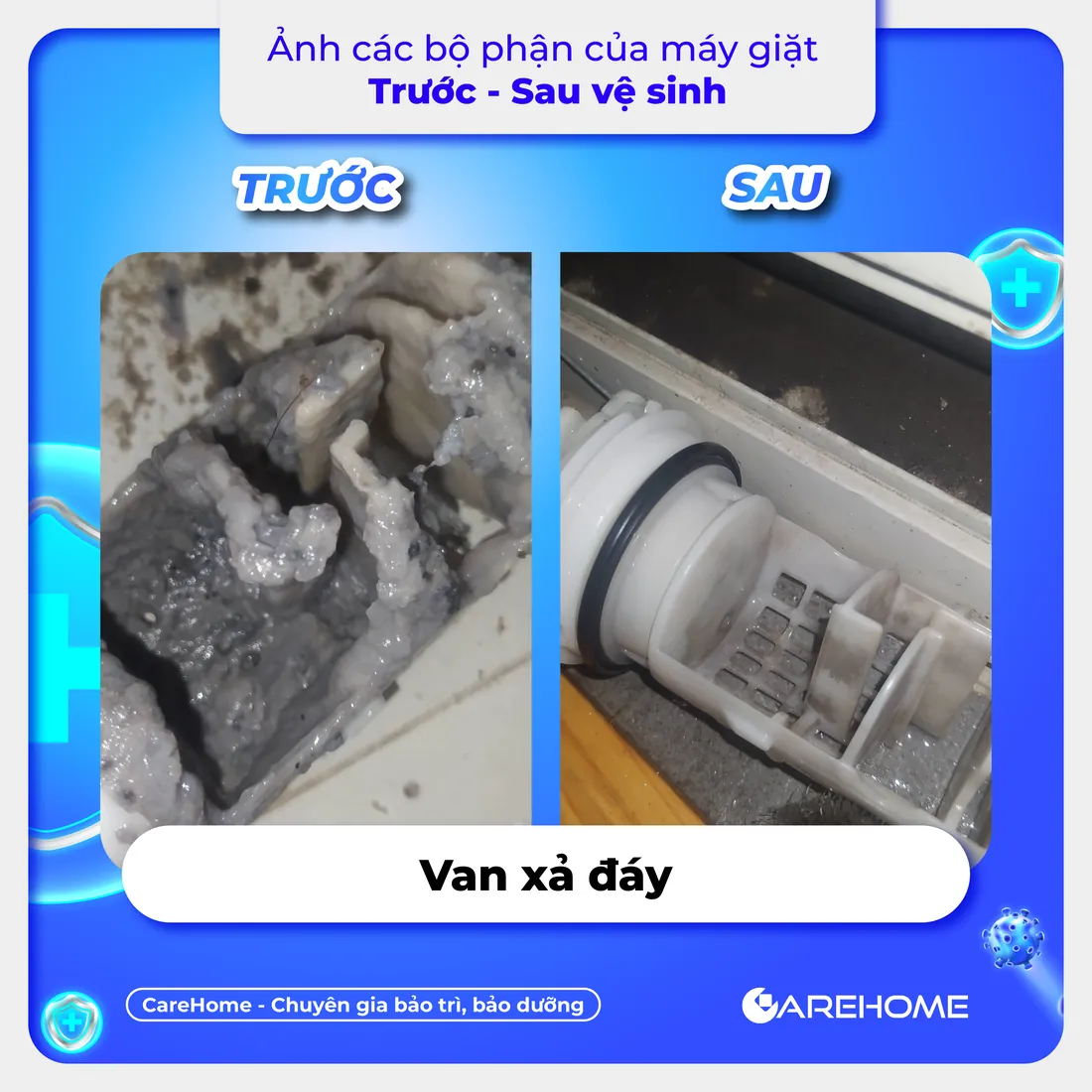 Trước – sau vệ sinh máy giặt: van xả đáy